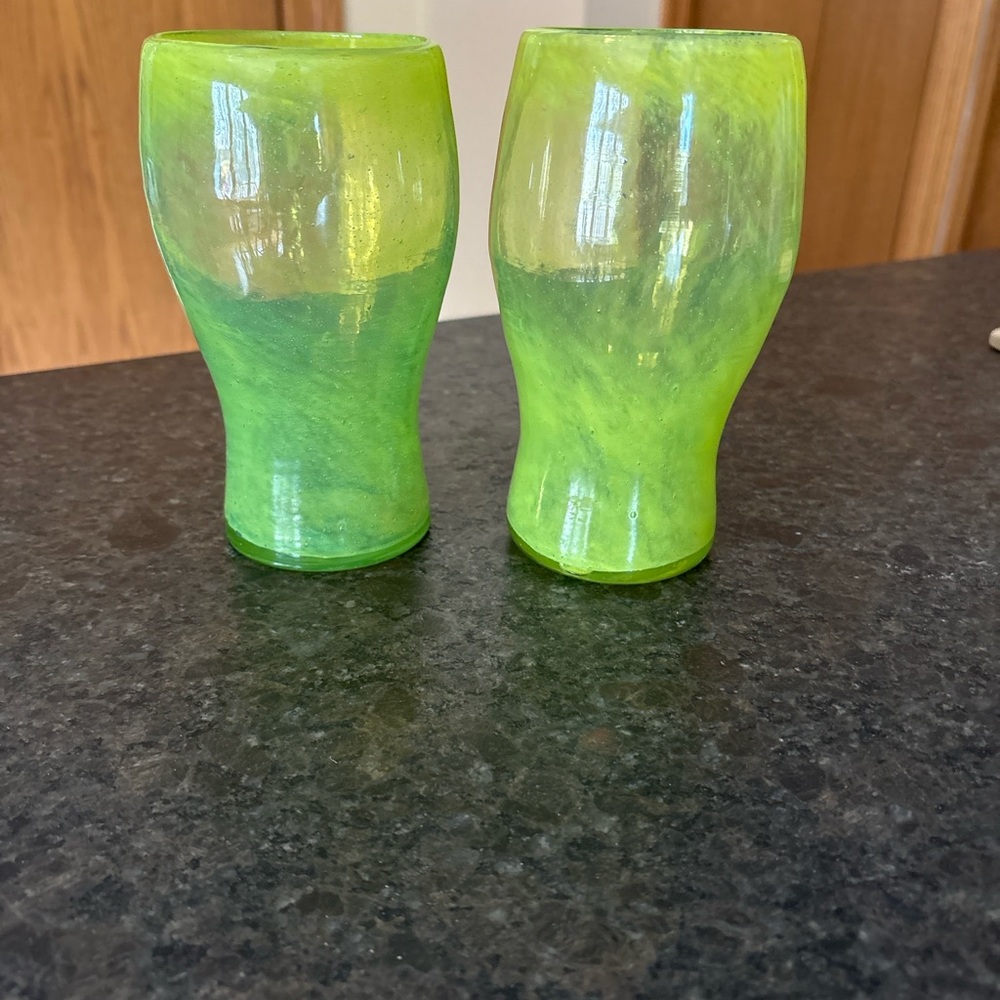 Pair Hand Blown Mexican Lime Green Art Glass Tumbler Glasses